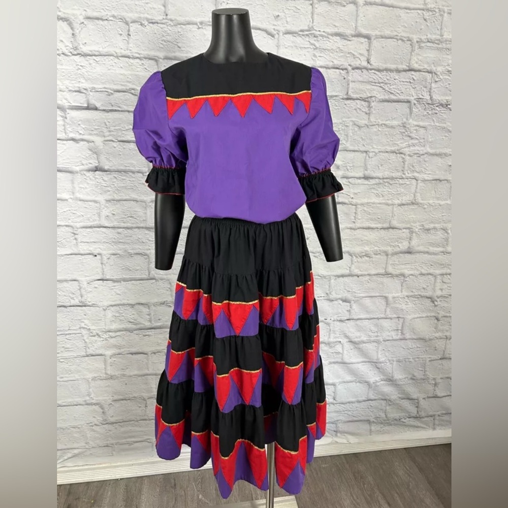 Vintage 90s Square Dance Purple Red Black Puffed Sleeve Blouse Tiered Skirt Set